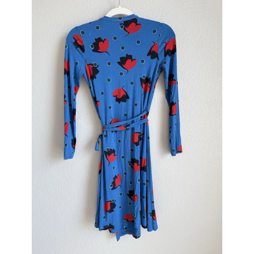 Boden Retro‎ Blue Red Poppy Bloom Floral Jersey Knit Wrap Dress Size 4P Preppy